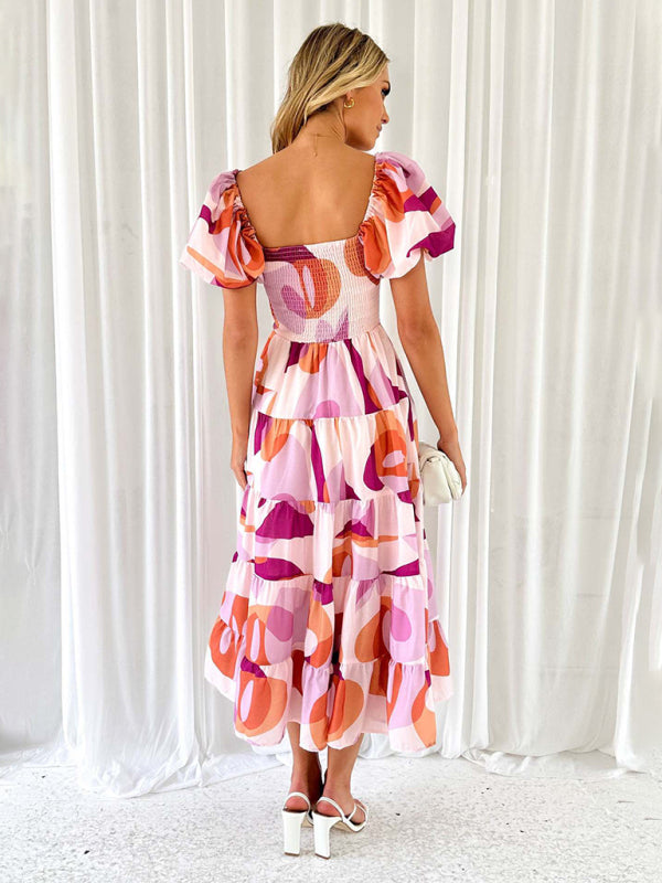 New Women’s Fashionable French Boat Collar Printed Dress