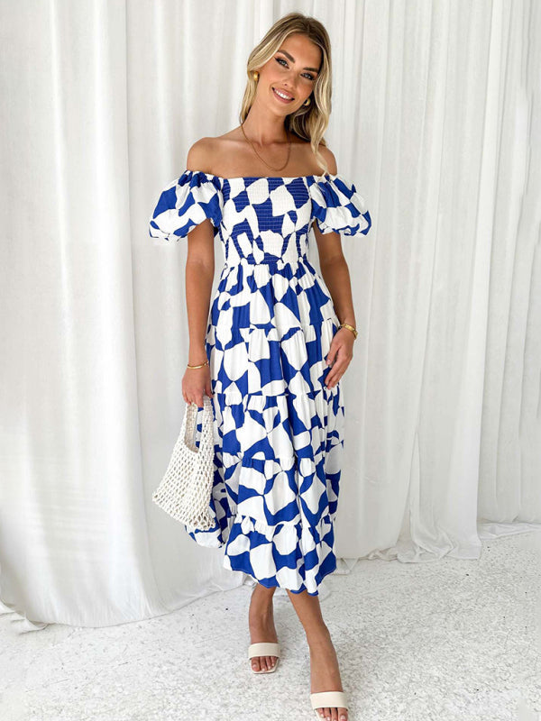 New Women’s Fashionable French Boat Collar Printed Dress