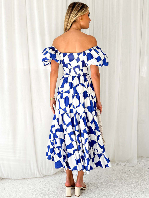 New Women’s Fashionable French Boat Collar Printed Dress