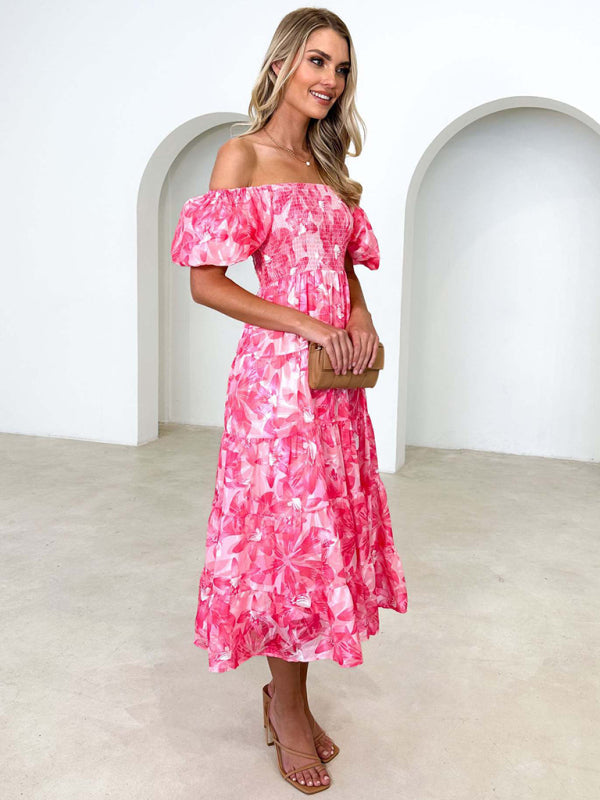 New Women’s Fashionable French Boat Collar Printed Dress