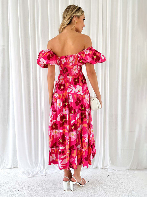 New Women’s Fashionable French Boat Collar Printed Dress