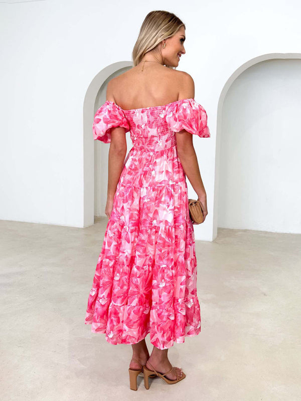 New Women’s Fashionable French Boat Collar Printed Dress