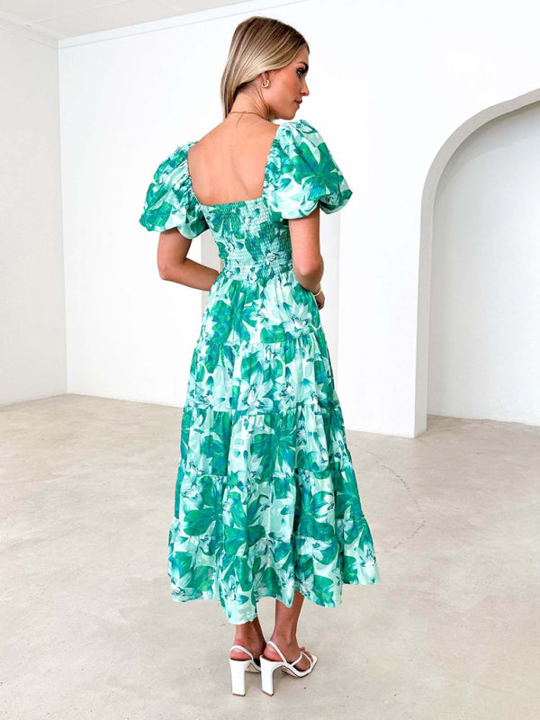 New Women’s Fashionable French Boat Collar Printed Dress