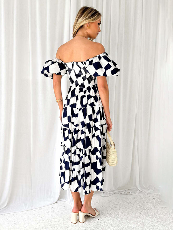 New Women’s Fashionable French Boat Collar Printed Dress