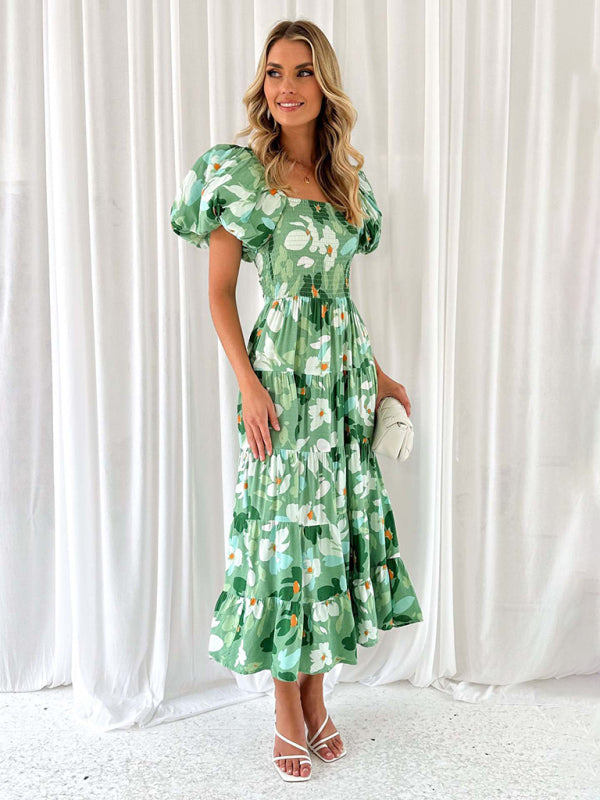 New Women’s Fashionable French Boat Collar Printed Dress