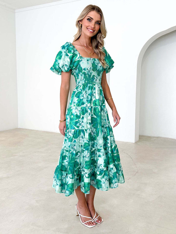 New Women’s Fashionable French Boat Collar Printed Dress