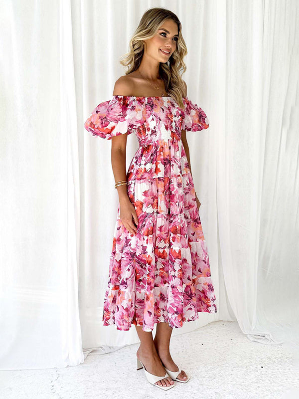 New Women’s Fashionable French Boat Collar Printed Dress