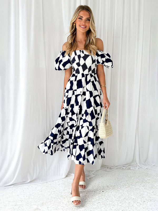 New Women’s Fashionable French Boat Collar Printed Dress - Black / S