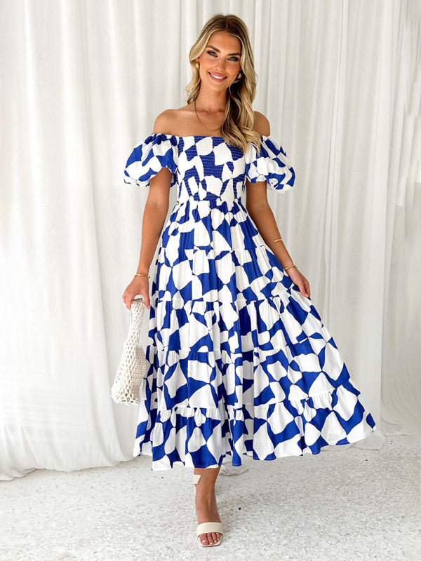 New Women’s Fashionable French Boat Collar Printed Dress - Blue / S