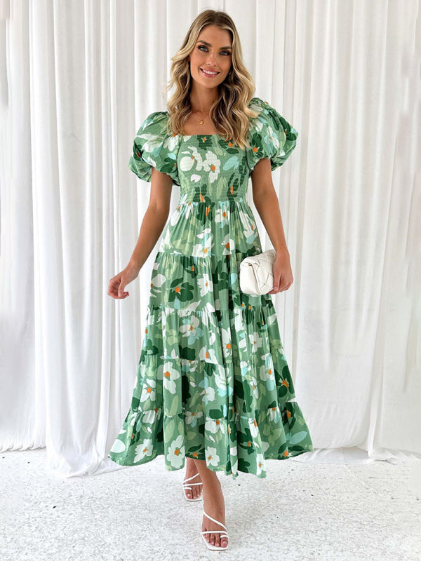 New Women’s Fashionable French Boat Collar Printed Dress - Pale green / S