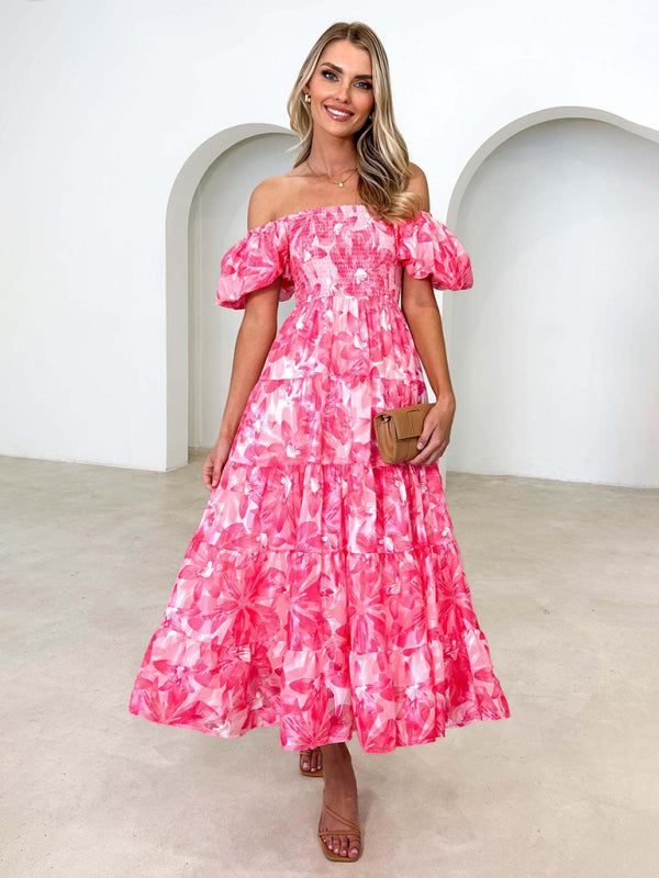 New Women’s Fashionable French Boat Collar Printed Dress - Pink / S