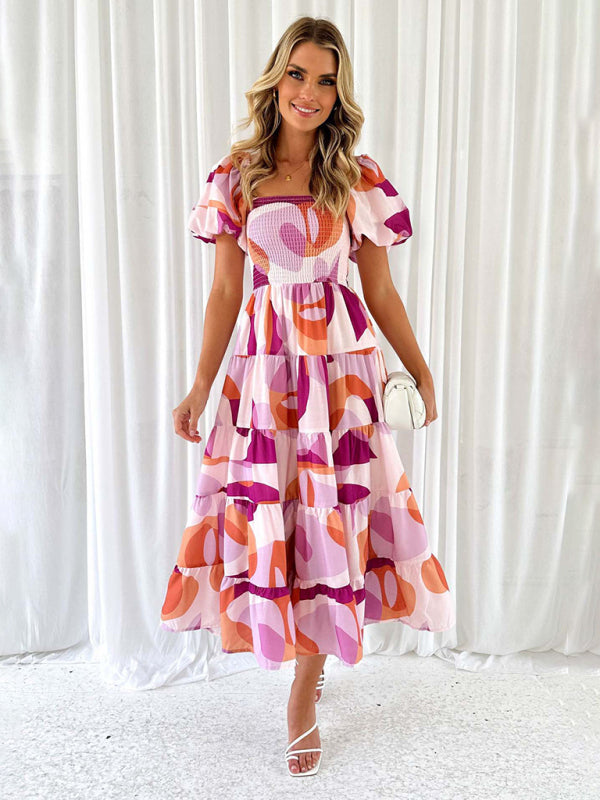 New Women’s Fashionable French Boat Collar Printed Dress - Purple / S