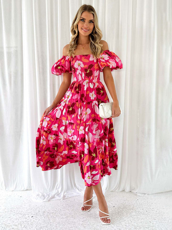 New Women’s Fashionable French Boat Collar Printed Dress - Rose / S
