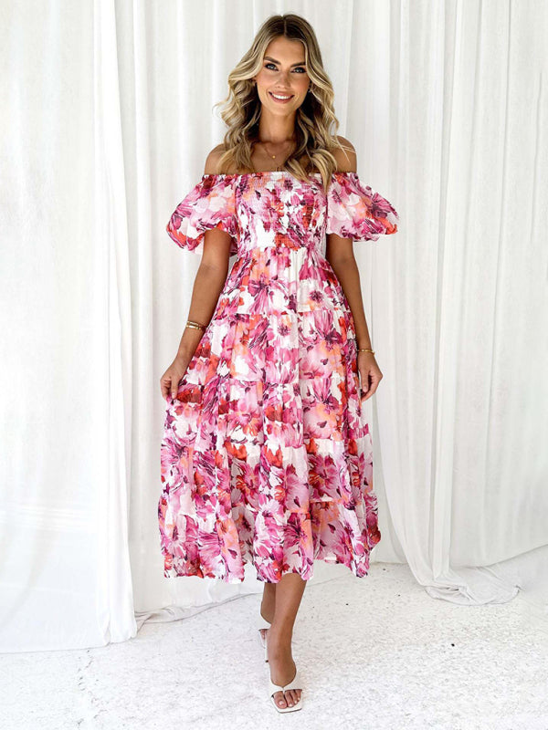 New Women’s Fashionable French Boat Collar Printed Dress - Rose viole / S