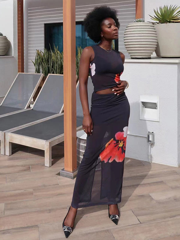 New women’s fashionable sleeveless printed T-shirt slim fit hip-hugging slit skirt suit - Black / S