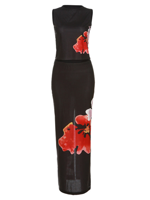 New women’s fashionable sleeveless printed T-shirt slim fit hip-hugging slit skirt suit