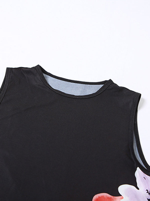 New women’s fashionable sleeveless printed T-shirt slim fit hip-hugging slit skirt suit