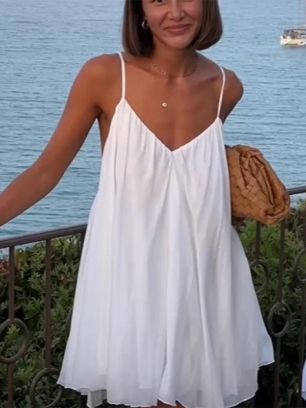 New women’s fluffy pleated hem sexy backless V-neck sleeveless suspender dress - White / S