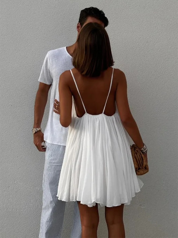 New women’s fluffy pleated hem sexy backless V-neck sleeveless suspender dress