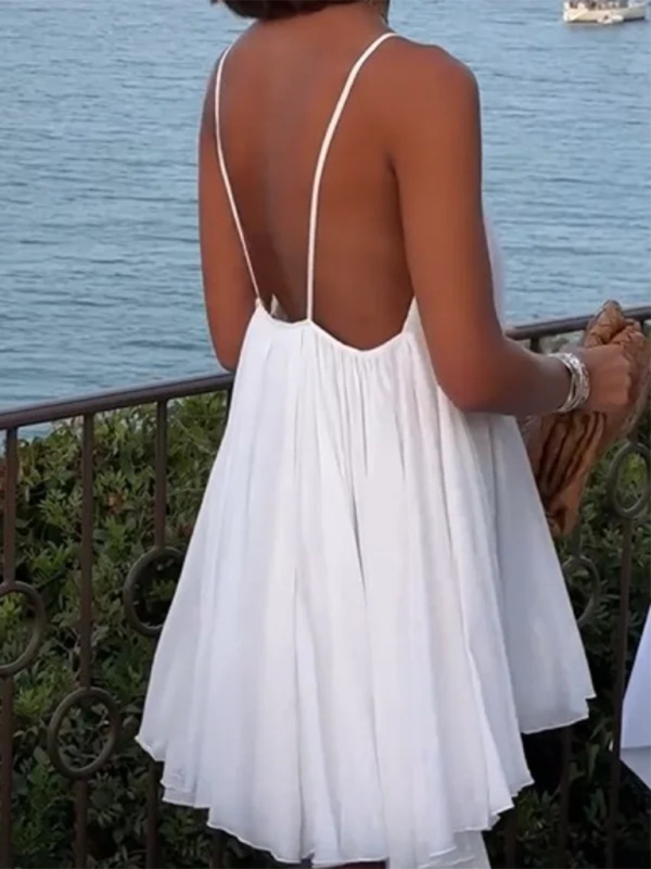 New women’s fluffy pleated hem sexy backless V-neck sleeveless suspender dress