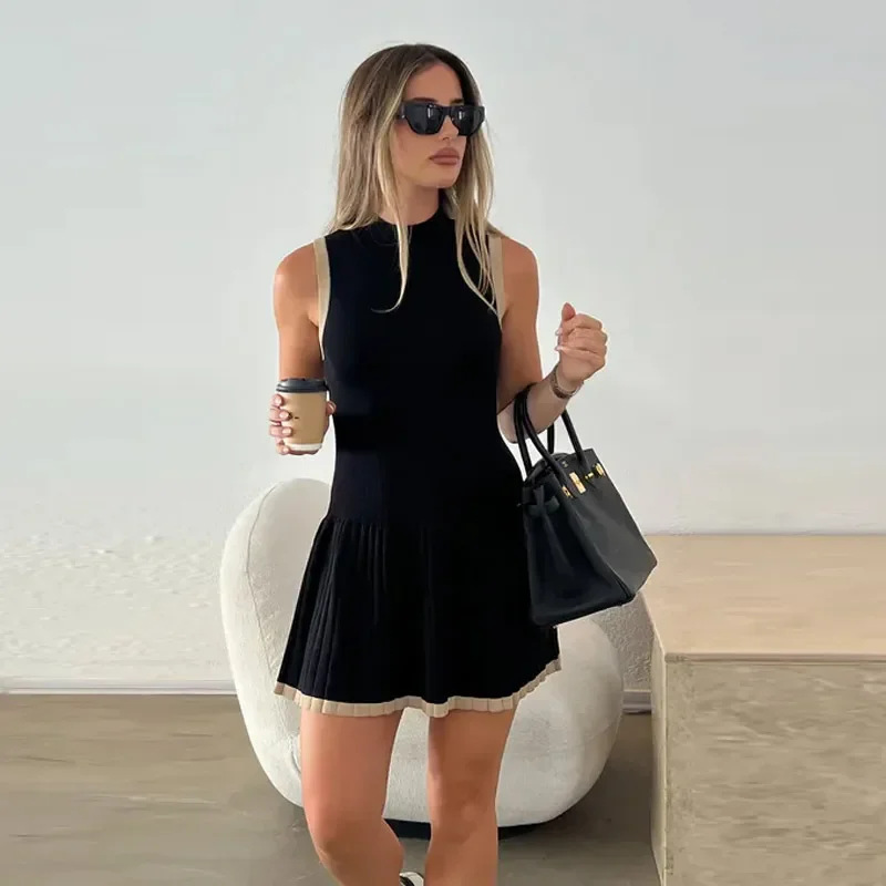 New Women’s Knitted Mini Dress Fashion Round Neck Ruffle A-Line Dress - Black / S