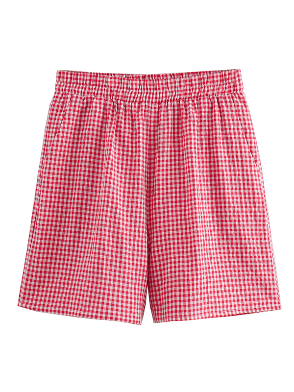 New women’s lace-up plaid top + plaid shorts two-piece suit