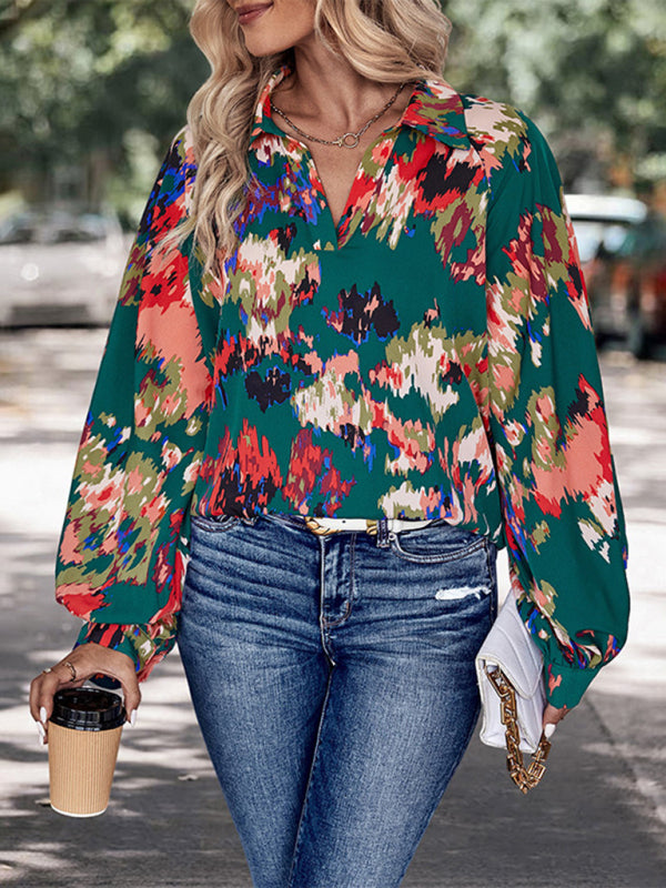 New women’s long sleeve printed shirt - Green black jasper / S