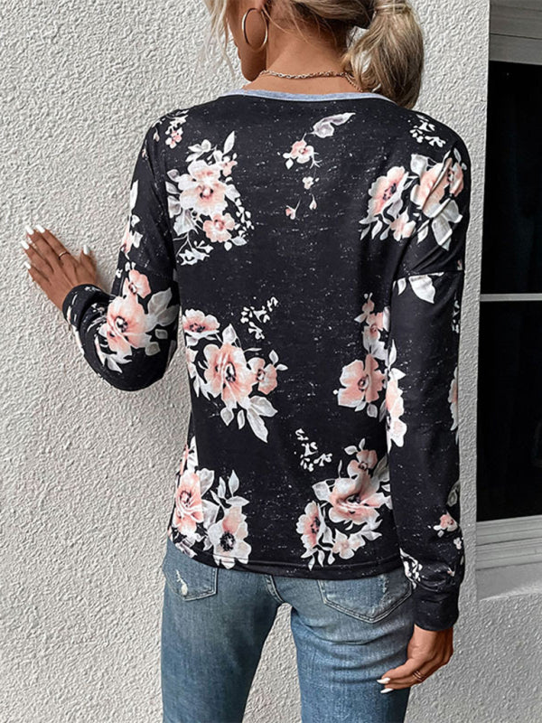 New women’s long-sleeved color block sweater thin sweater T-shirt