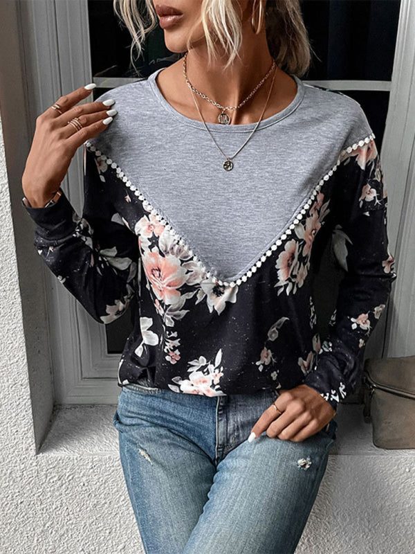 New women’s long-sleeved color block sweater thin sweater T-shirt