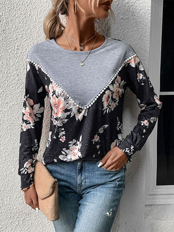 New women’s long-sleeved color block sweater thin sweater T-shirt - Charcoal grey / S