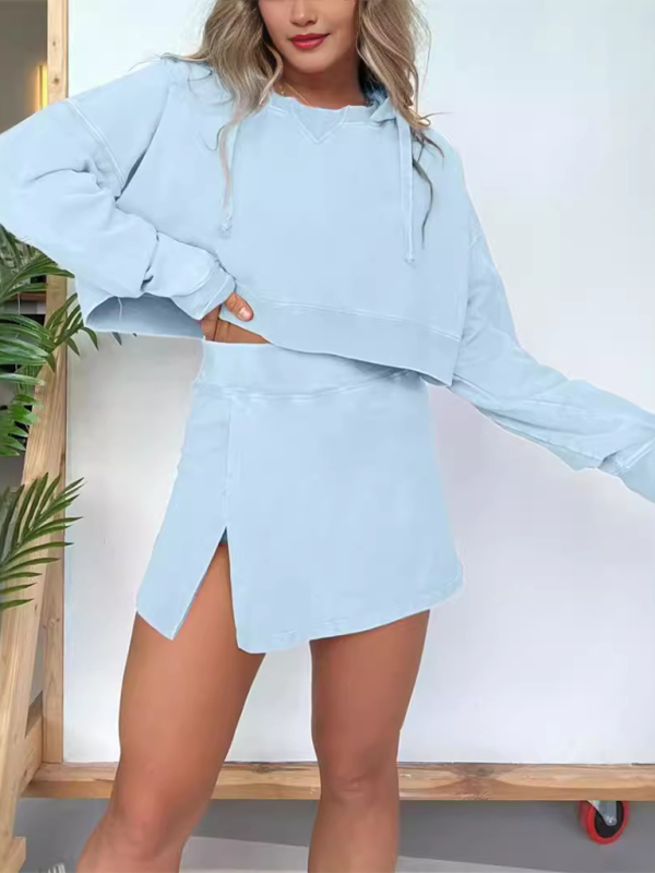 New women’s long-sleeved hooded sweatshirt skirt set - Blue / S