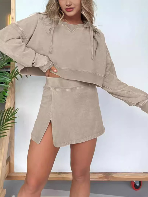 New women’s long-sleeved hooded sweatshirt skirt set - Khaki / S