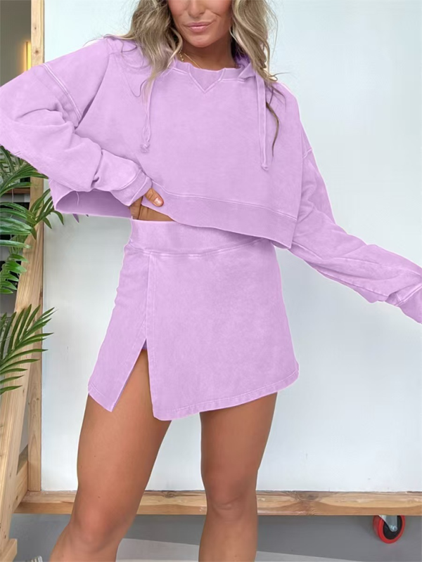 New women’s long-sleeved hooded sweatshirt skirt set - Purple / S