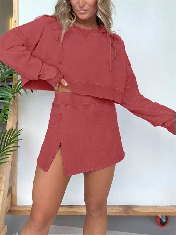 New women’s long-sleeved hooded sweatshirt skirt set - Red / S