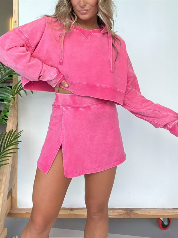 New women’s long-sleeved hooded sweatshirt skirt set - Rose / S