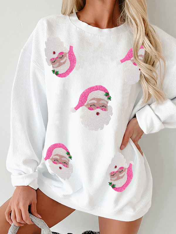 New Women’s Santa Claus Sequin Embroidery Loose Casual Long Sleeve Sweater - Cream / XS