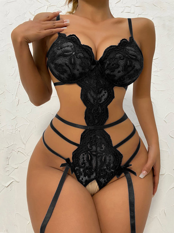 New women’s sexy sexy hollow suspender bodysuit - Black / S