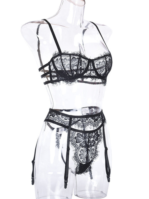 New women’s sexy sexy hollow suspender underwear three-piece suit