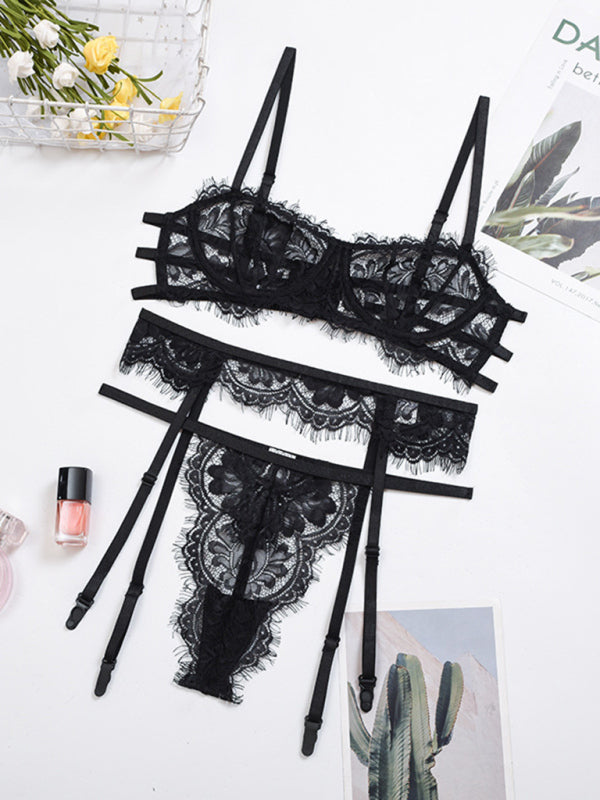 New women’s sexy sexy hollow suspender underwear three-piece suit