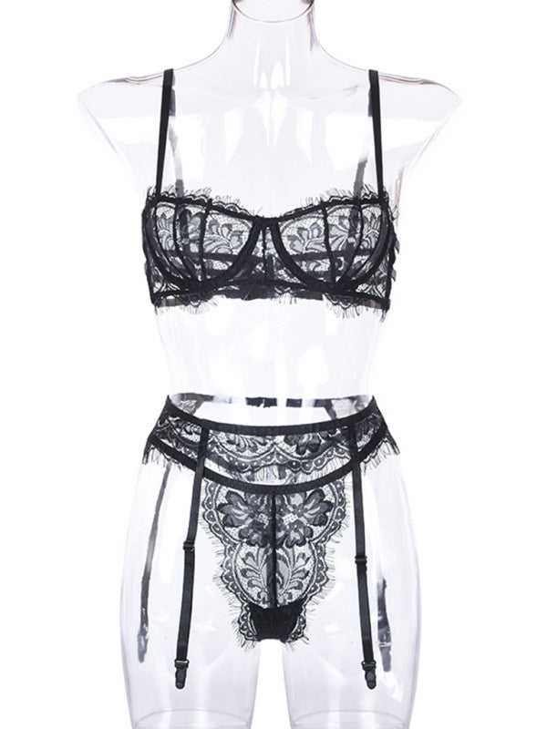 New women’s sexy sexy hollow suspender underwear three-piece suit - Black / S