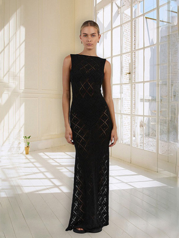 New women’s sexy perspective hook flower hollow knitted dress