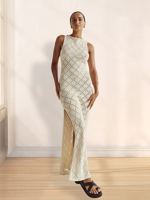 New women’s sexy perspective hook flower hollow knitted dress - Cracker khaki / S