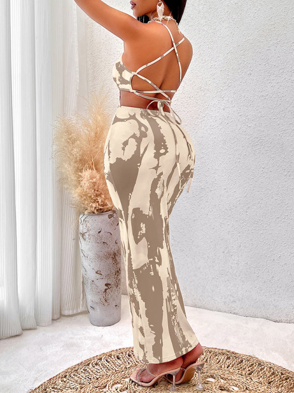 Woman wearing a tie-dye two-piece dress from the New Women’s Sexy Printed Suspender-Covering Long Dress collection