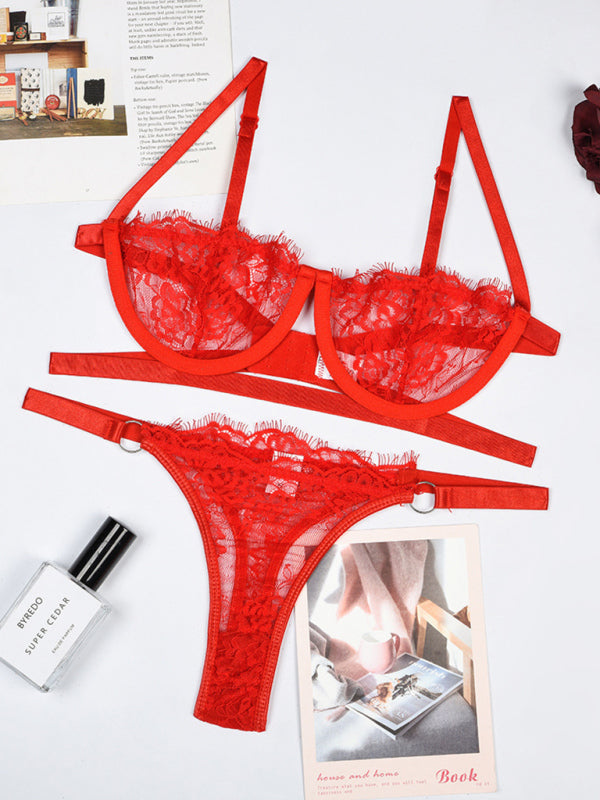 New women’s sexy three-point erotic underwear with steel ring split temptation see-through suit