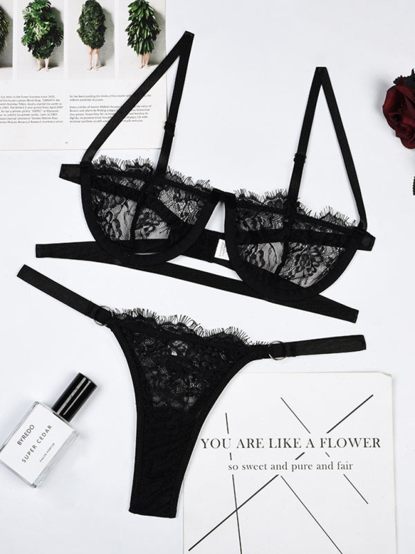 New women’s sexy three-point erotic underwear with steel ring split temptation see-through suit