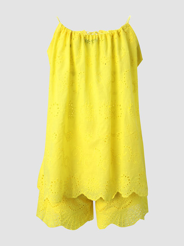 New women’s sleeveless drawstring ruffled hollow camisole embroidered shorts suit