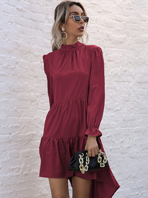 New women’s solid color long sleeve irregular half turtleneck dress