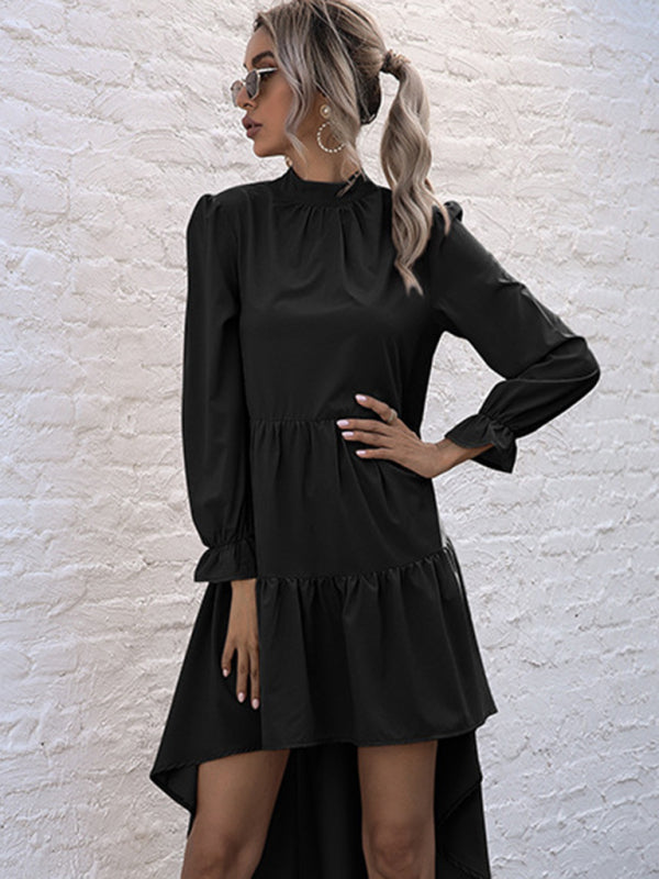 New women’s solid color long sleeve irregular half turtleneck dress - Black / S