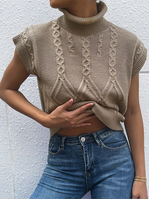 New women’s solid color short sleeve turtleneck sweater - Brown / S