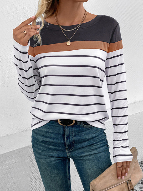 New Women’s Striped Casual Long Sleeve Sweater - Charcoal grey / S